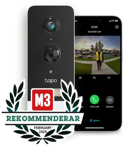TP-Link Tapo D230S1 smart dørklokke 2K video med smartphone opkaldsvisning fra besøgende, M3 badge synligt.