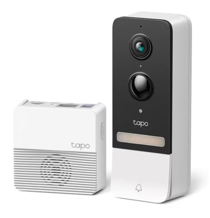 TP-Link Tapo D230S1 smart dørklokke med kamera, trådløs ringeenhed, 2K video, hvid/sort, batteridrevet.