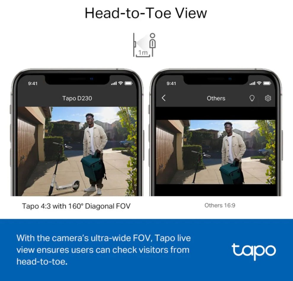 TP-Link Tapo D230S1 smart dørklokke app viser 4:3 ratio, 160° FOV og 2K video af besøgende med leveringstaske.