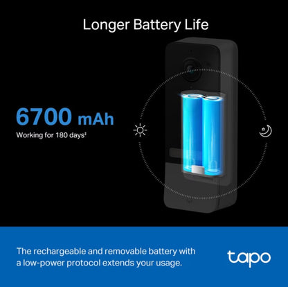 TP-Link Tapo D230S1 smart dørklokke med to blå 6700mAh batterier og lavenergi-protokol, TP-Link-logo nederst.