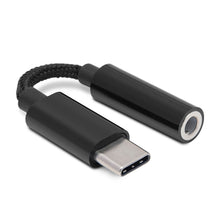 USB-C til 3,5 mm adapter sort med flettet kabel, passer til USB-C enheder og hovedtelefoner.