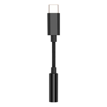 Linocell USB-C til 3,5 mm adapter sort med kort flettet kabel, USB-C hun til 3,5 mm han, vist lodret.