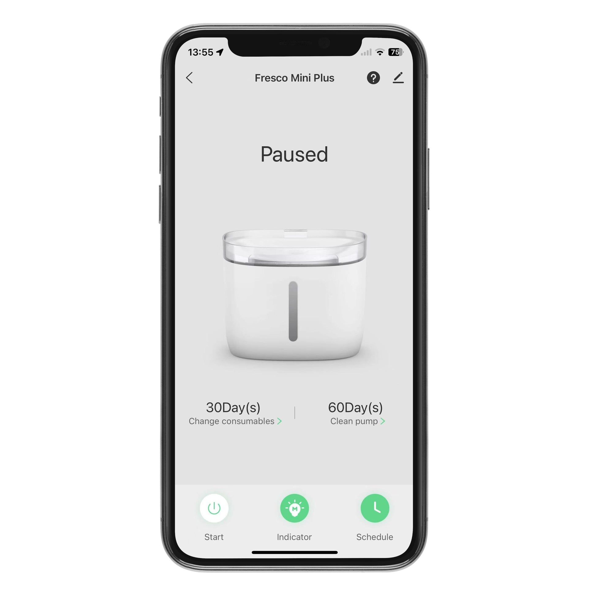 Cleverio Smart vandautomat til kæledyr, hvid, app vist på mobil med påmindelser om udskiftning og rengøring.