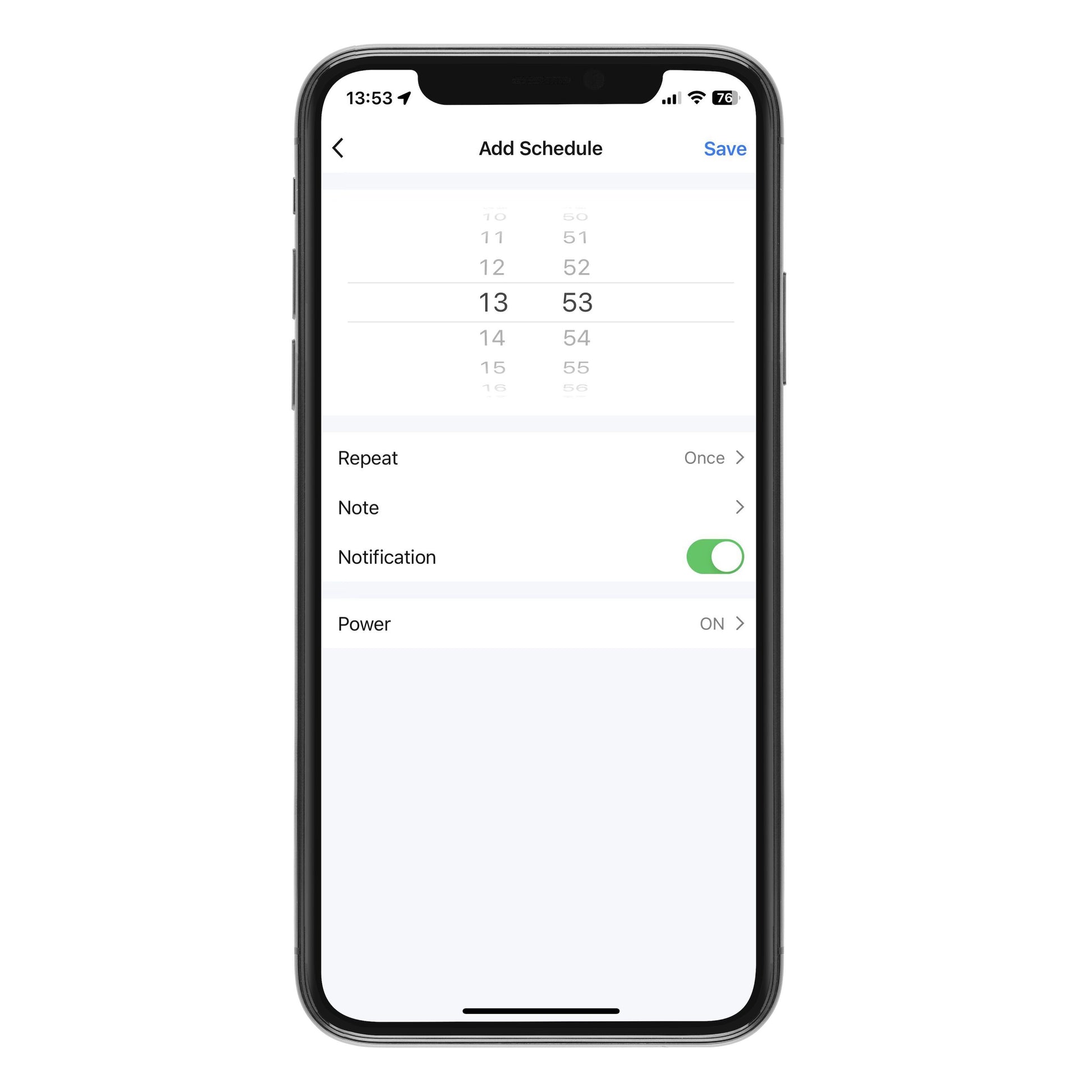 Cleverio Smart vandautomat til kæledyr vist i app på smartphone med planlægning, gentagelse, noter og aktive notifikationer.
