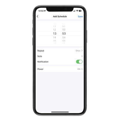Cleverio Smart vandautomat til kæledyr vist i app på smartphone med planlægning, gentagelse, noter og aktive notifikationer.