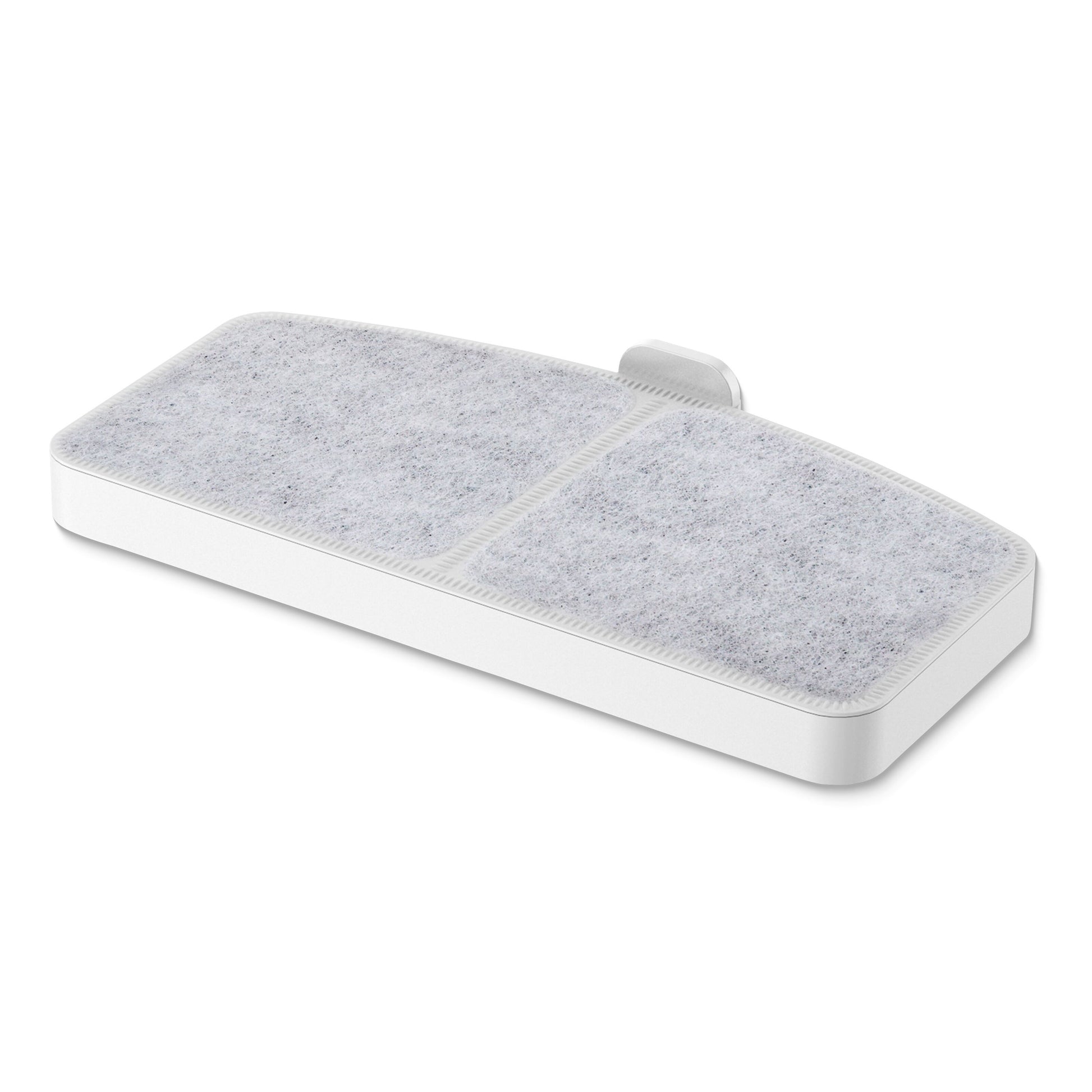 Hvid rektangulær rensepad med to grå mikrofibersektioner til Cleverio Filter til vandautomat 2-pakke.
