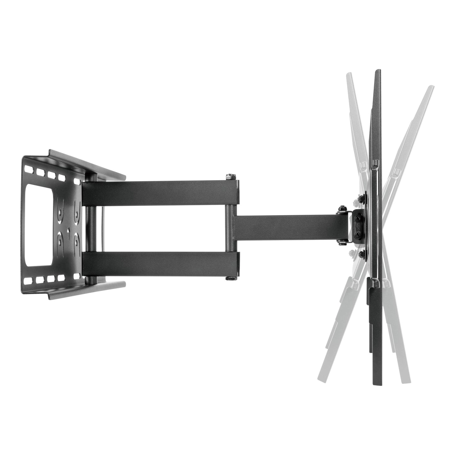 3-ledet sort vægbeslag til TV 37-70", justerbart, vises fra siden med udstrakt arm og vippevinkler, VESA-kompatibel.