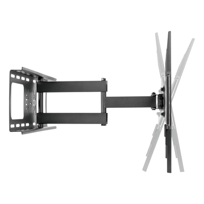 3-ledet sort vægbeslag til TV 37-70", justerbart, vises fra siden med udstrakt arm og vippevinkler, VESA-kompatibel.
