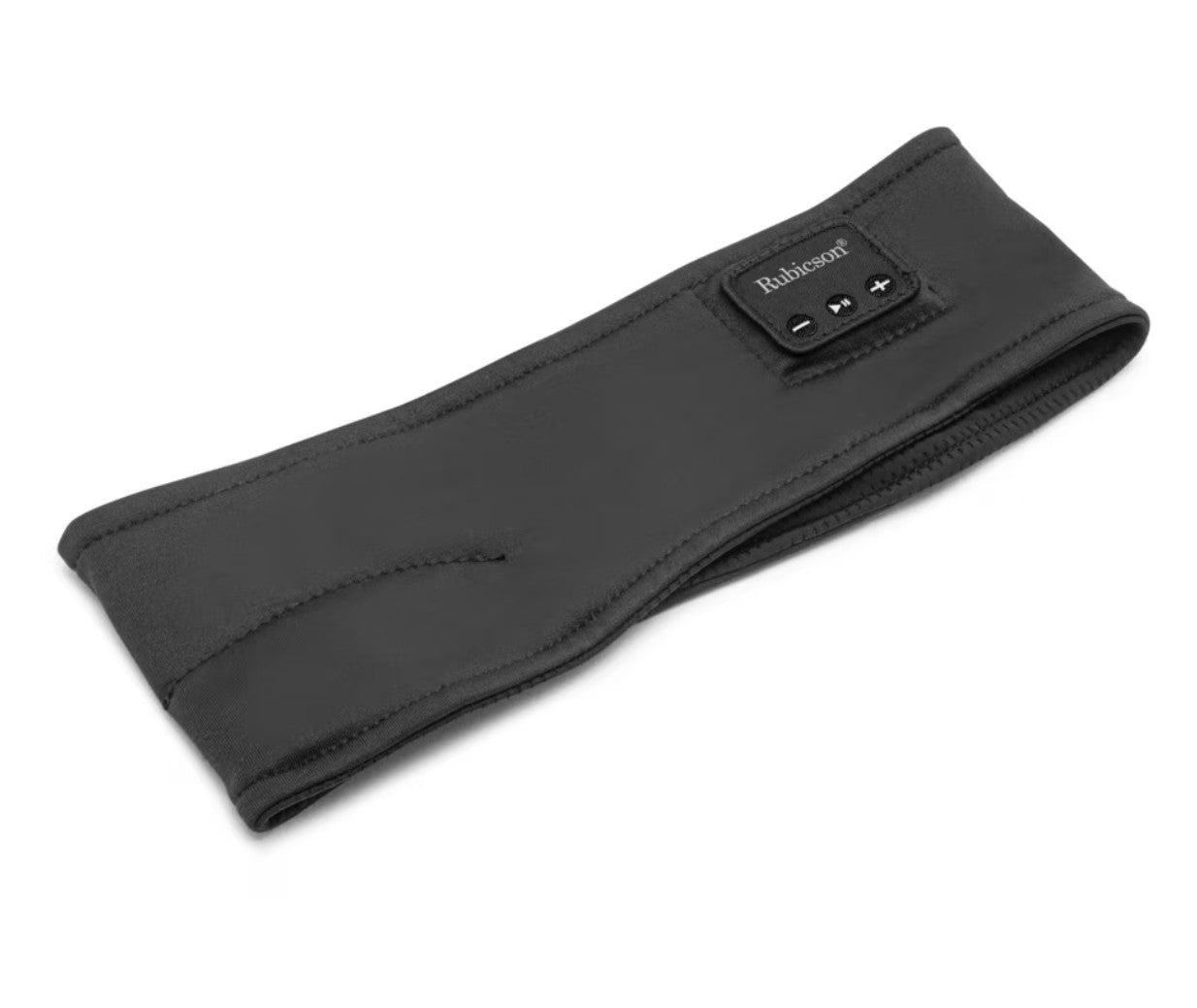 Rubicson Bluetooth sovemaske i sort stof med tre-knaps kontrolpanel og synligt Rubicson-logo.