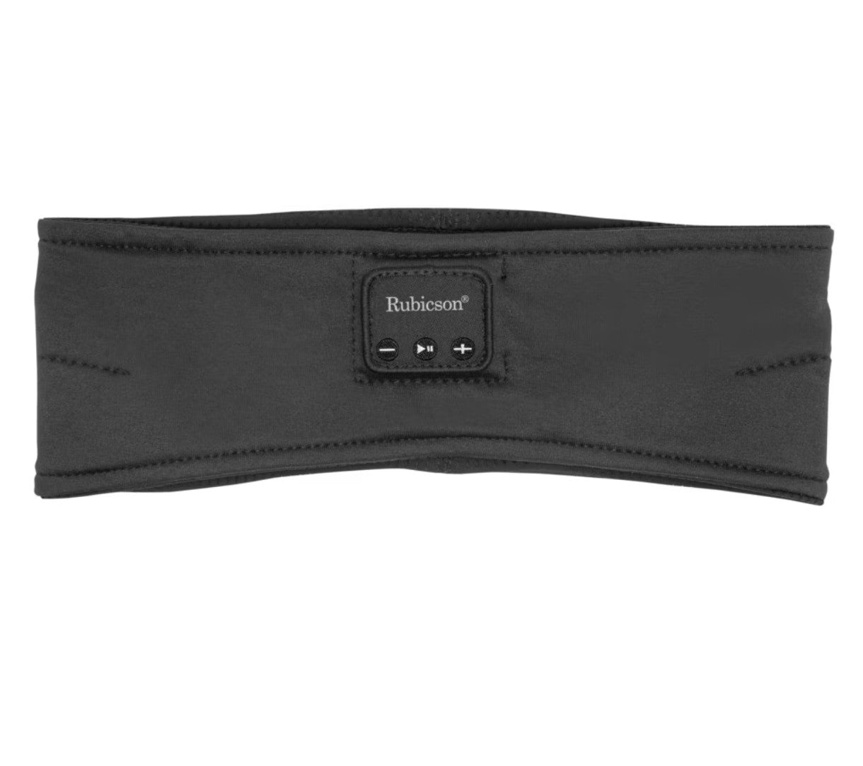 Rubicson Bluetooth Sovemaske sort øjenmaske med Bluetooth, volumen- og tænd/sluk-knapper foran.