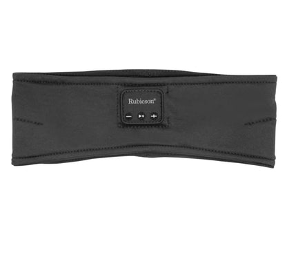 Rubicson Bluetooth Sovemaske sort øjenmaske med Bluetooth, volumen- og tænd/sluk-knapper foran.
