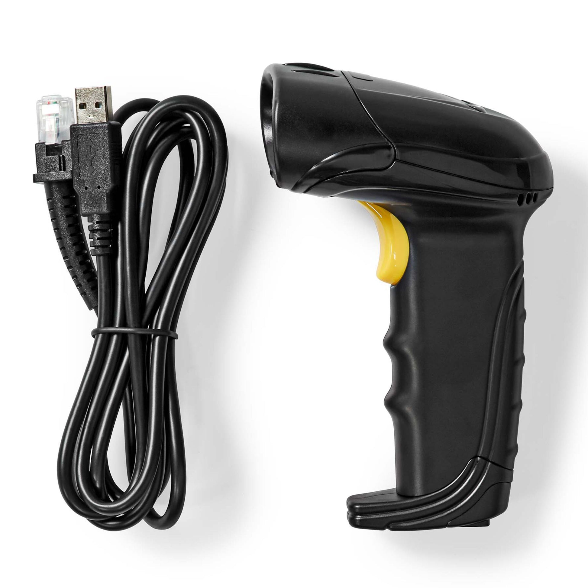 Nedis Avanceret stregkodelæser, sort med gul trigger, CMOS-scanning, medfølgende USB- og Ethernet-kabler.