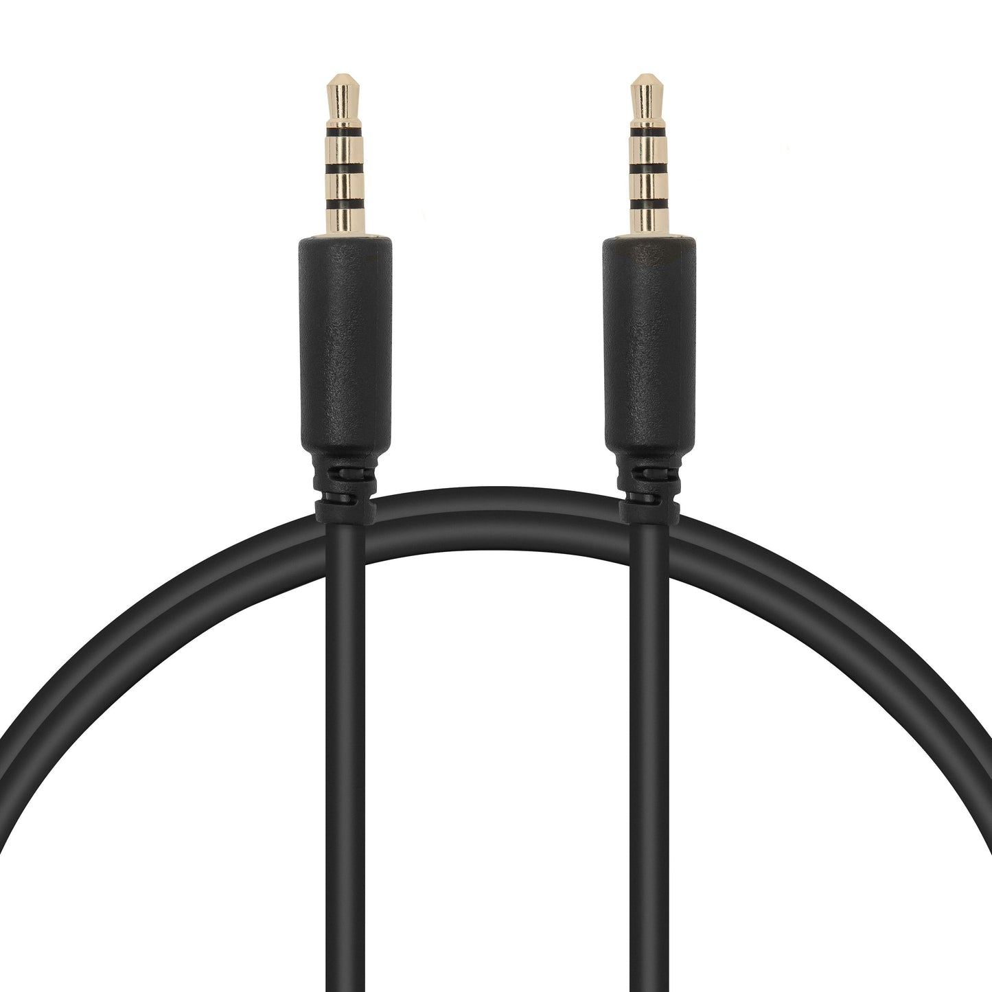 Lydkabel 3,5 mm han-han, 1 meter, sort kabel med to metalspidser og sorte plasthuse.