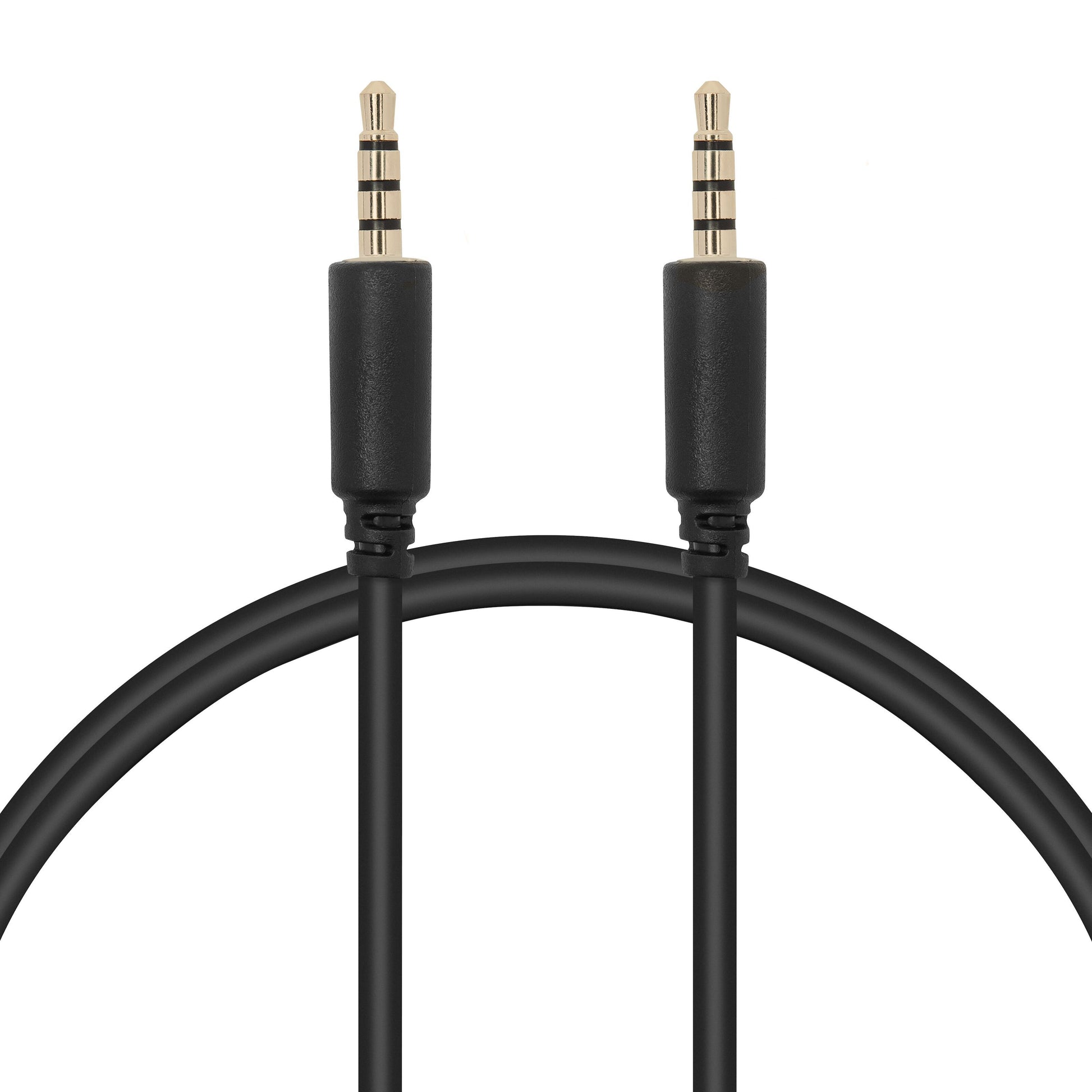 Lydkabel 3,5 mm han-han, 1 meter, sort kabel med to metalspidser og sorte plasthuse.
