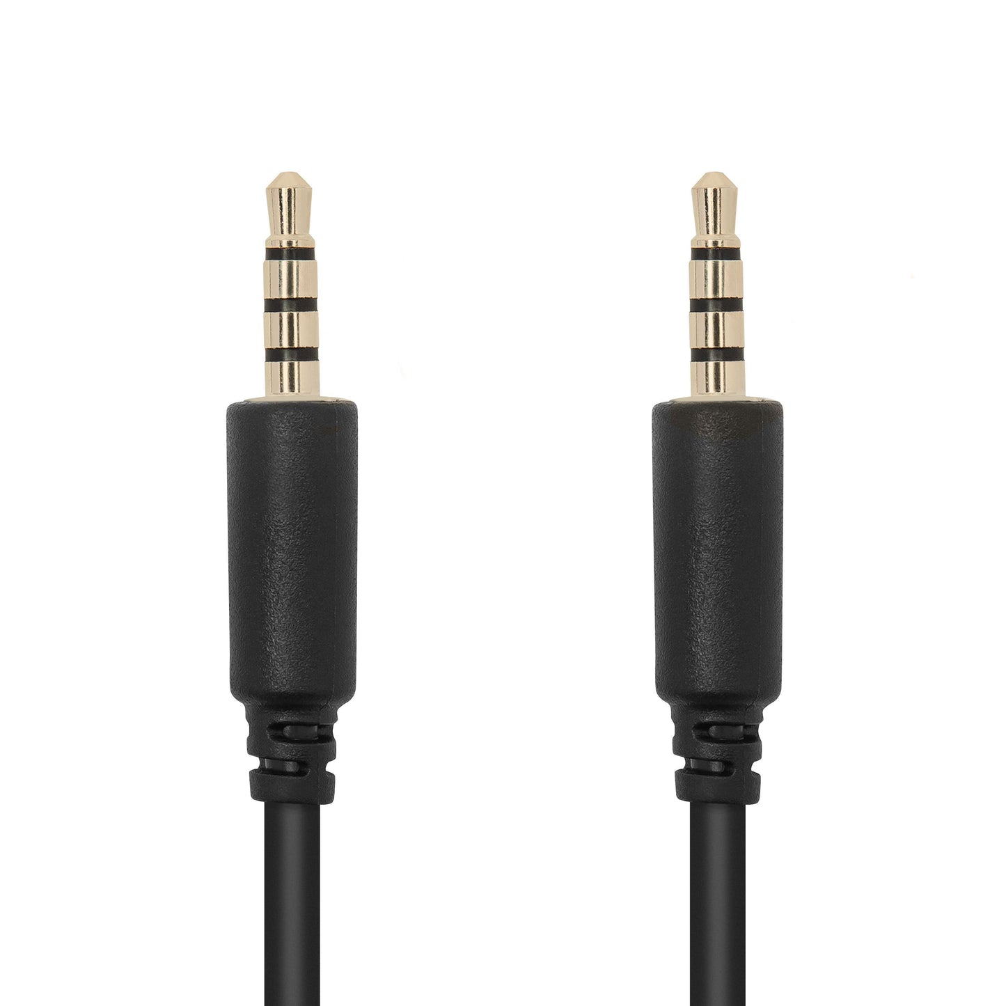 Sort lydkabel 3,5 mm han til han, 3 m, 5 mm tyk, forniklet stik med tre slags ringe til stereo og mikrofon.