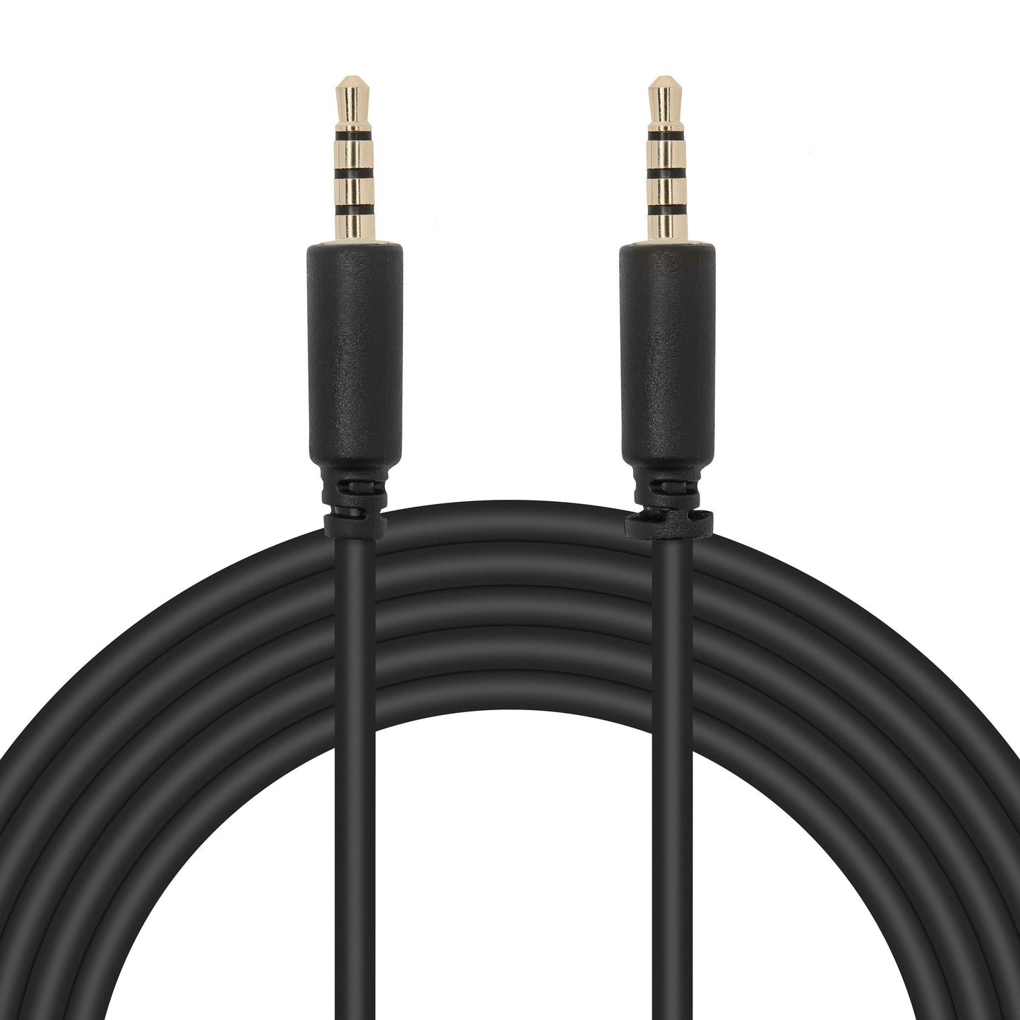 Lydkabel 3,5 mm stereo og mikrofon hanstik, 3 m, sort kabel med metalspidser og synlig spiralformet ledning.