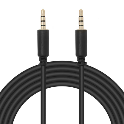 Lydkabel 3,5 mm stereo og mikrofon hanstik, 3 m, sort kabel med metalspidser og synlig spiralformet ledning.
