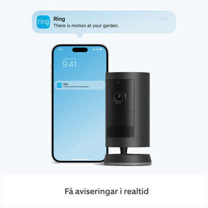 Ring Outdoor Cam Plus Plug-in sort, notifikation om bevægelse, svensk tekst, med nattesyn og 1080p Full HD.