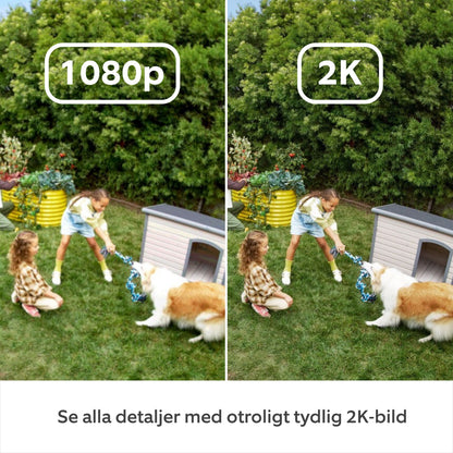 Ring Outdoor Cam Plus Plug-in Sort sammenlignet i 1080p Full HD vs 2K billedkvalitet, svensk tekst under.