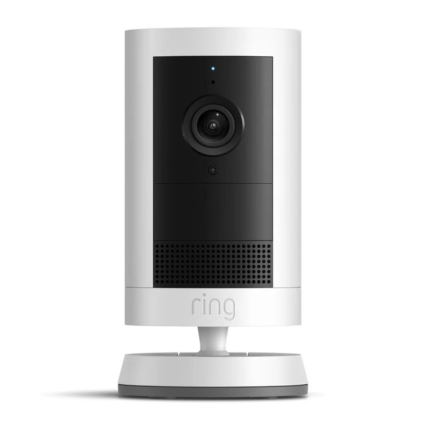 Ring Outdoor Cam Plus Plug-in hvid sort cylinderkamera, linse foroven, højttaler under, Ring logo nederst, Wi-Fi 6 teknologi.