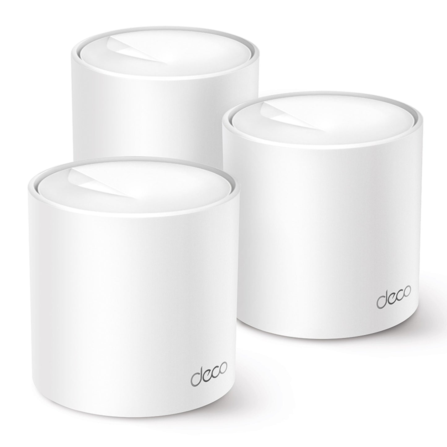 TP-Link Deco X10 AX1500 WiFi 6 mesh-system 3-pak, hvide routere med afrundede toppe og deco-logo på fronten.