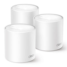 TP-Link Deco X10 AX1500 WiFi 6 mesh-system 3-pak, hvide routere med afrundede toppe og deco-logo på fronten.
