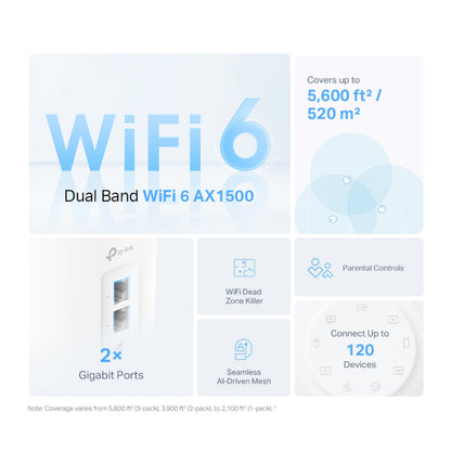 TP-Link Deco X10 AX1500 3-pakke mesh, op til 5600 sq ft dækning, forældrekontrol, 2 gigabit porte, AI-mesh.