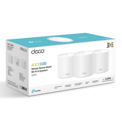 TP-Link Deco X10 AX1500 3-pack mesh WiFi 6, op til 5.600 sq ft dækning, billede af tre enheder på emballage.