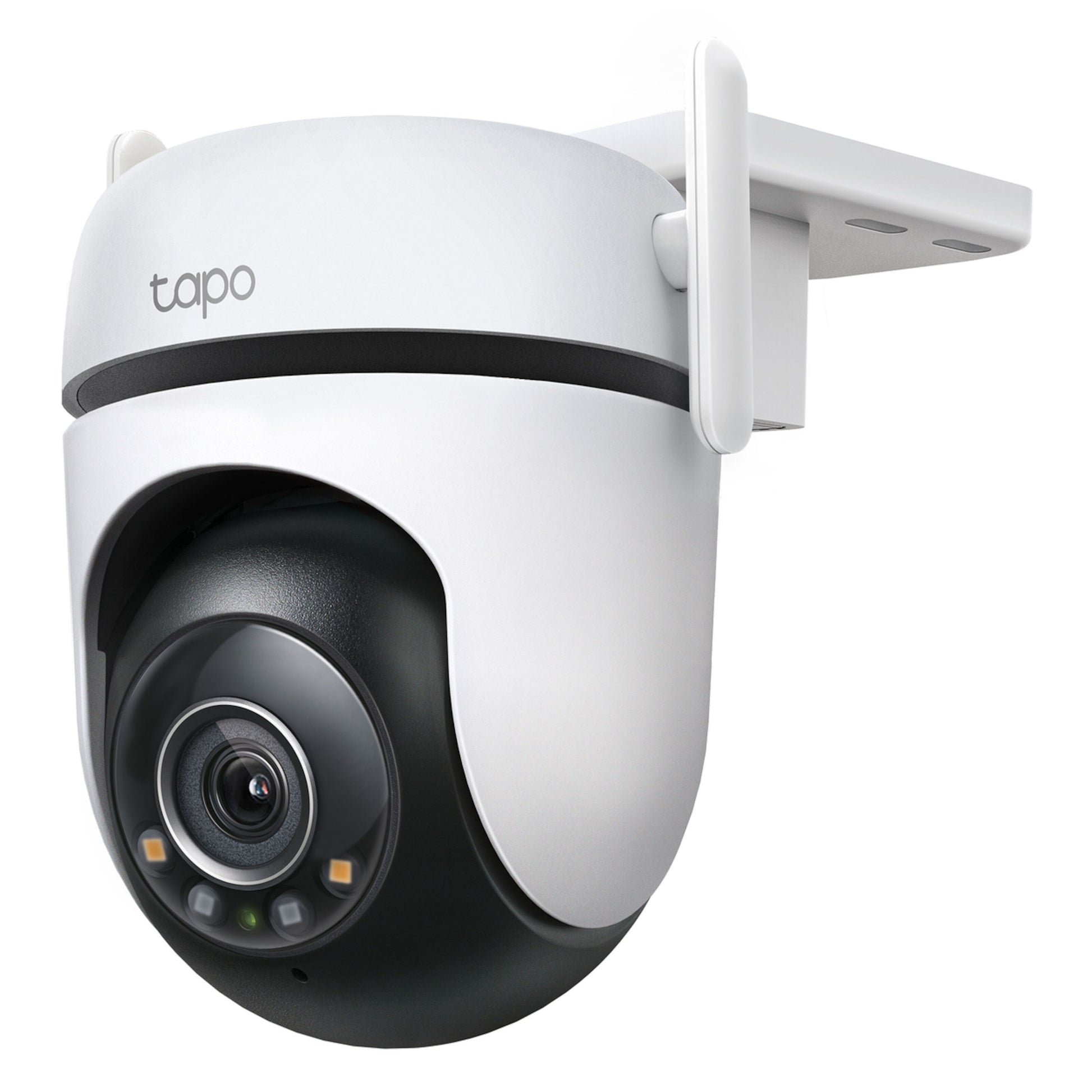TP-Link Tapo C520WS trådløst overvågningskamera, hvid med sort linse, infrarødt nattesyn, beslag til væg- eller loftmontering.