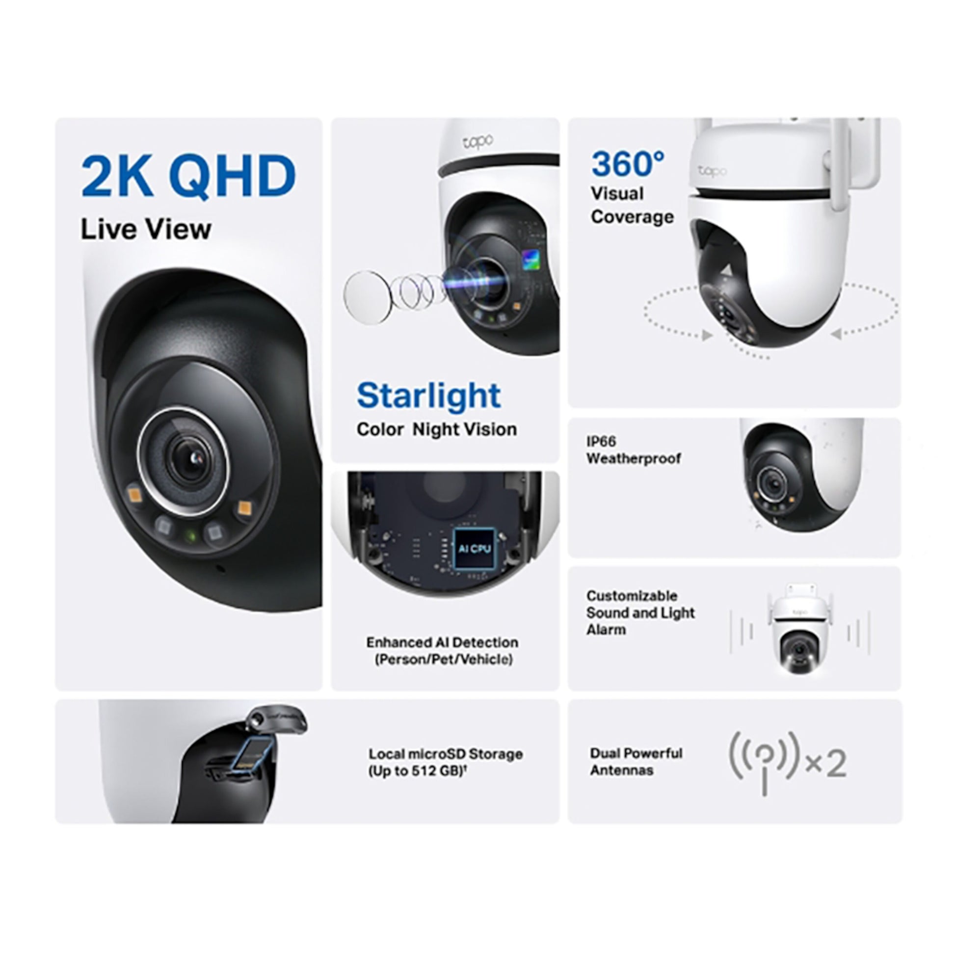 TP-Link Tapo C520WS trådløst 2K QHD overvågningskamera med starlight natvision, 360° dækning, IP66, dual antenner, microSD slot.
