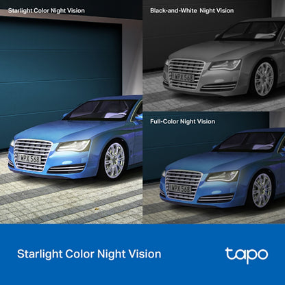 Tapo C520WS visning: starlight farve nat, sort-hvid nat og fuld farve nat Visning af blå bil.