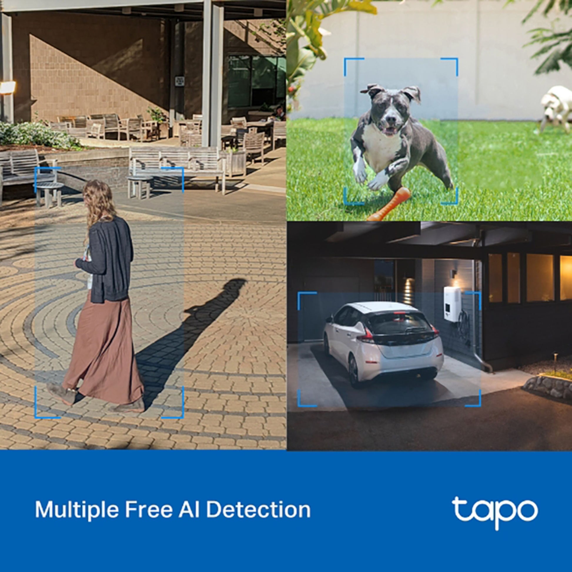 TP-Link Tapo C520WS trådløst overvågningskamera AI detektion udendørs flere motiver blå boks markering.