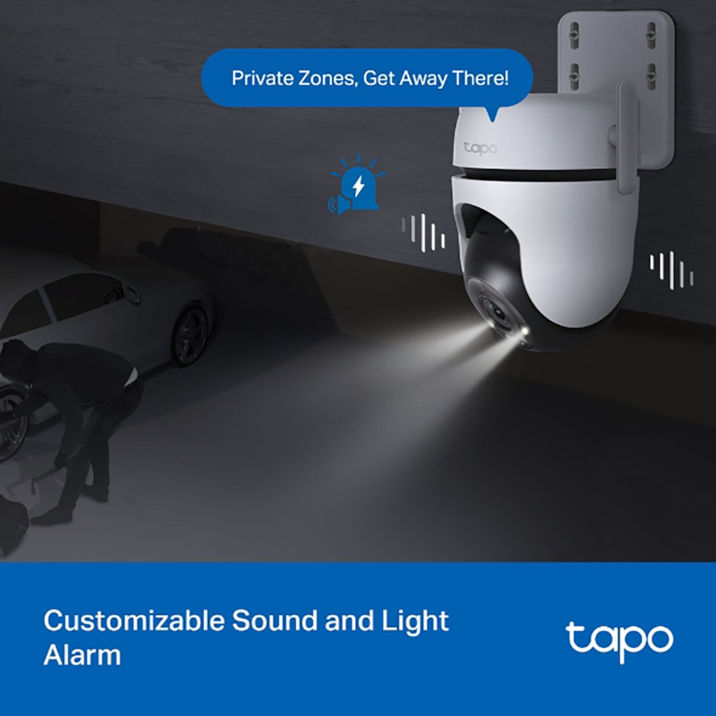 TP-link Tapo C520WS trådløst overvågningskamera, tekst: Private Zones, Get Away There, Customizable Sound and Light Alarm.