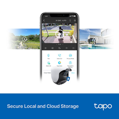 TP-Link Tapo C520WS trådløst overvågningskamera med app-interface, overvågningsbilleder og tekst: Sikker lokal og skybaseret lagring.