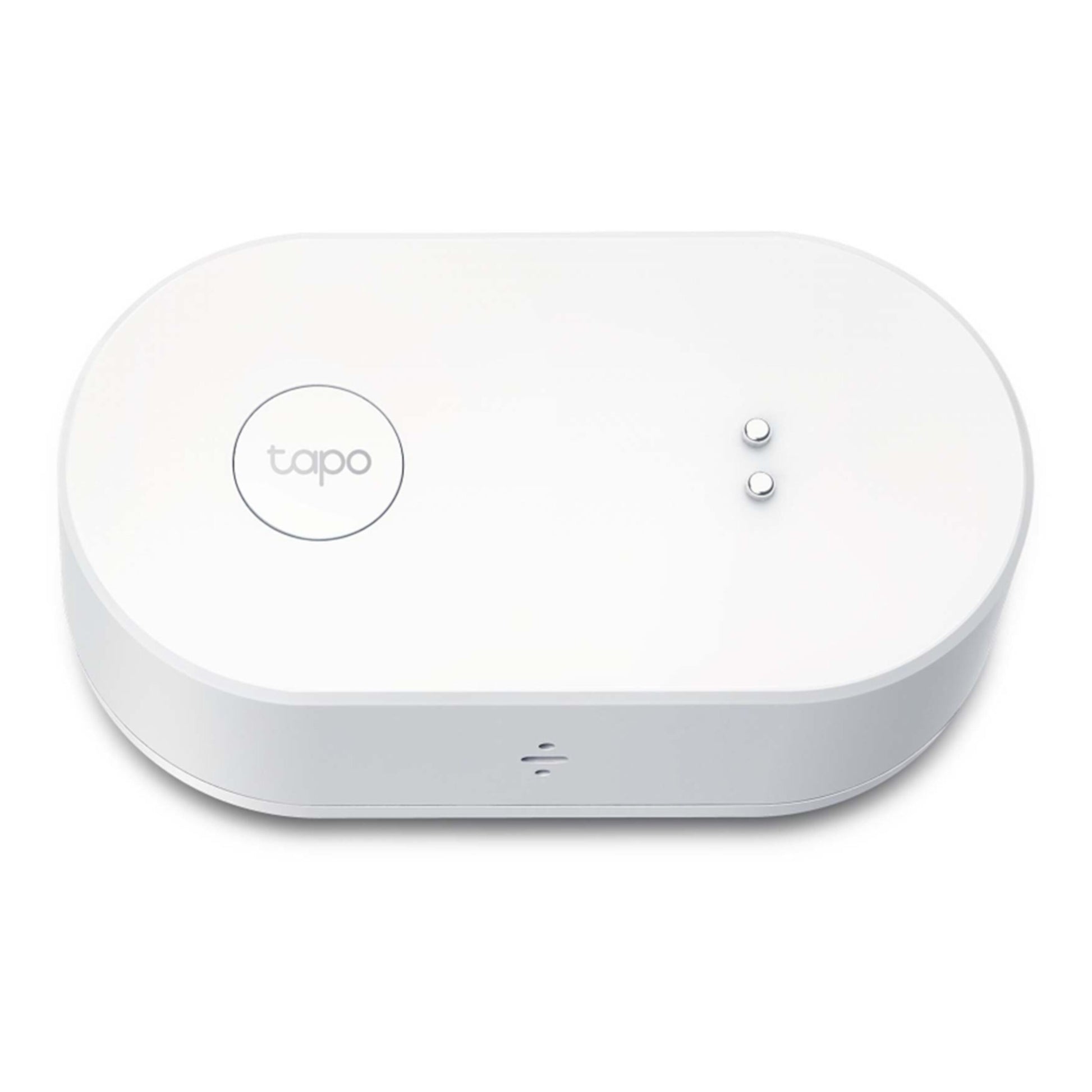 Tapo T300 lækagedetektor, hvid, oval form, cirkulær Tapo-logo-knap til venstre, til LED-indikatorer til højre.