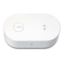 Tapo T300 lækagedetektor, hvid, oval form, cirkulær Tapo-logo-knap til venstre, til LED-indikatorer til højre.