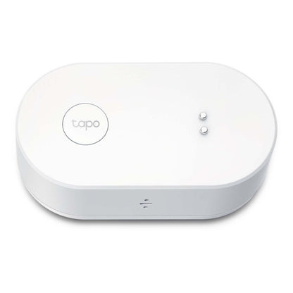 Tapo T300 lækagedetektor, hvid, oval form, cirkulær Tapo-logo-knap til venstre, til LED-indikatorer til højre.