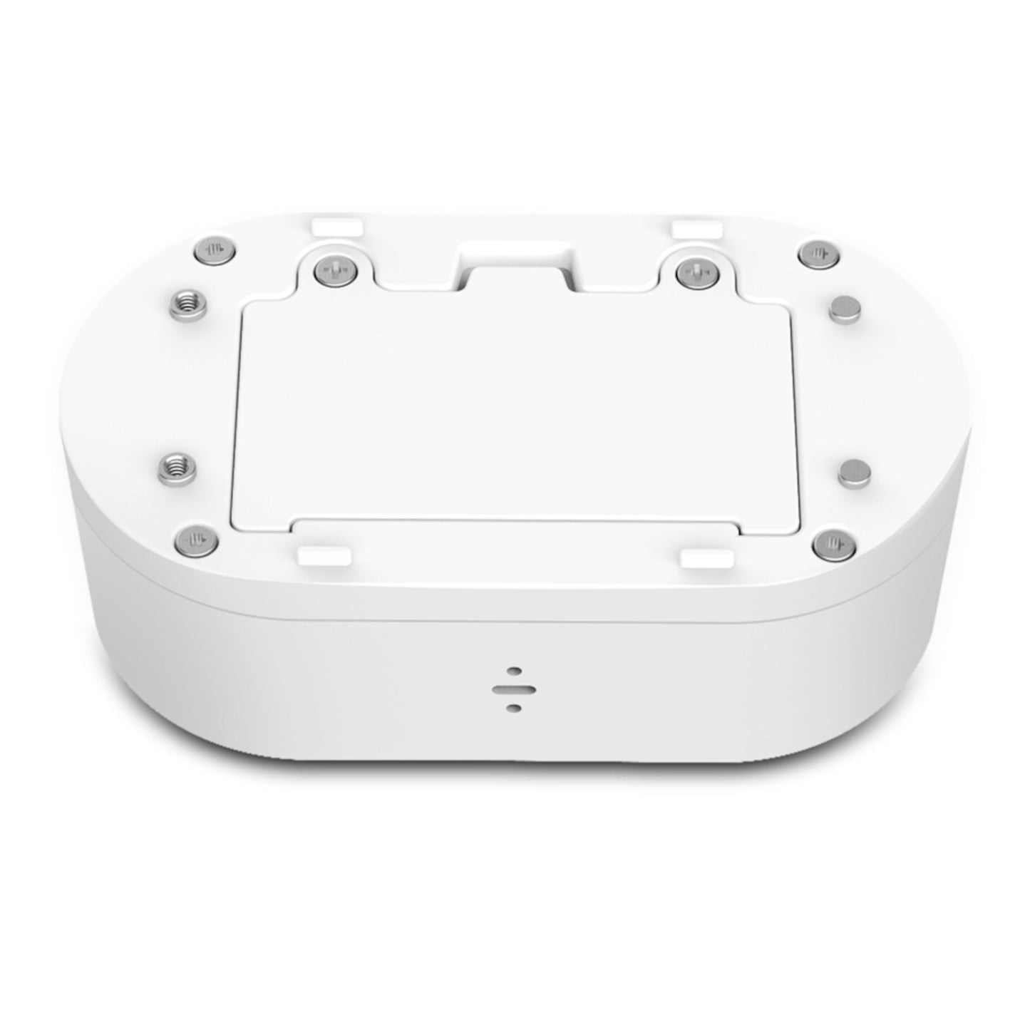 Tapo T300 hvid oval vandlækagesensor med batterirum i toppen, skruer, knap og lille divisionssymbol på fronten.