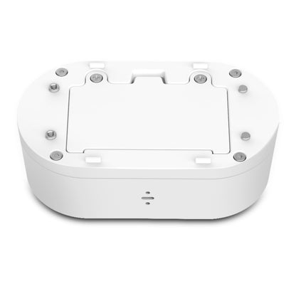 Tapo T300 hvid oval vandlækagesensor med batterirum i toppen, skruer, knap og lille divisionssymbol på fronten.