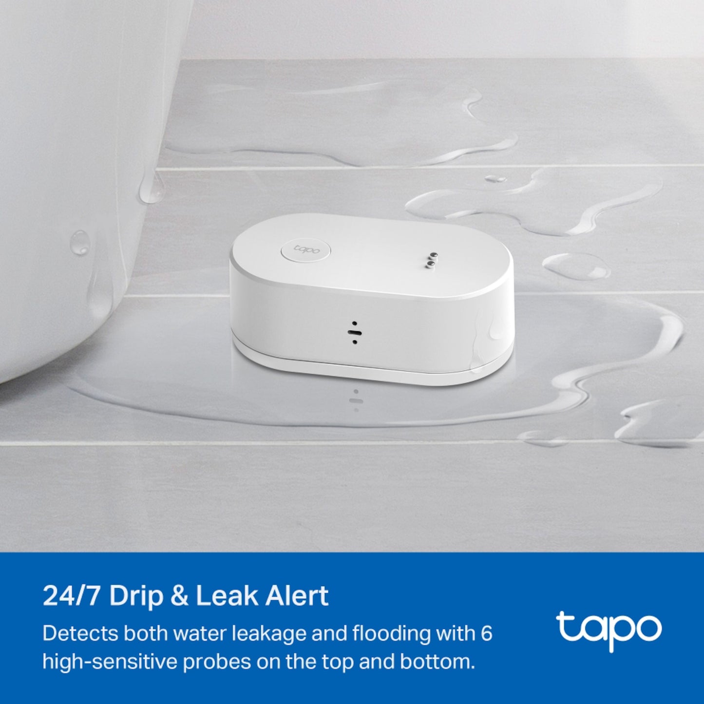 TP-Link Tapo T300 lækagedetektor med 6 sensorer øverst/nederst, registrerer vandlækage ved badekar, hvid.