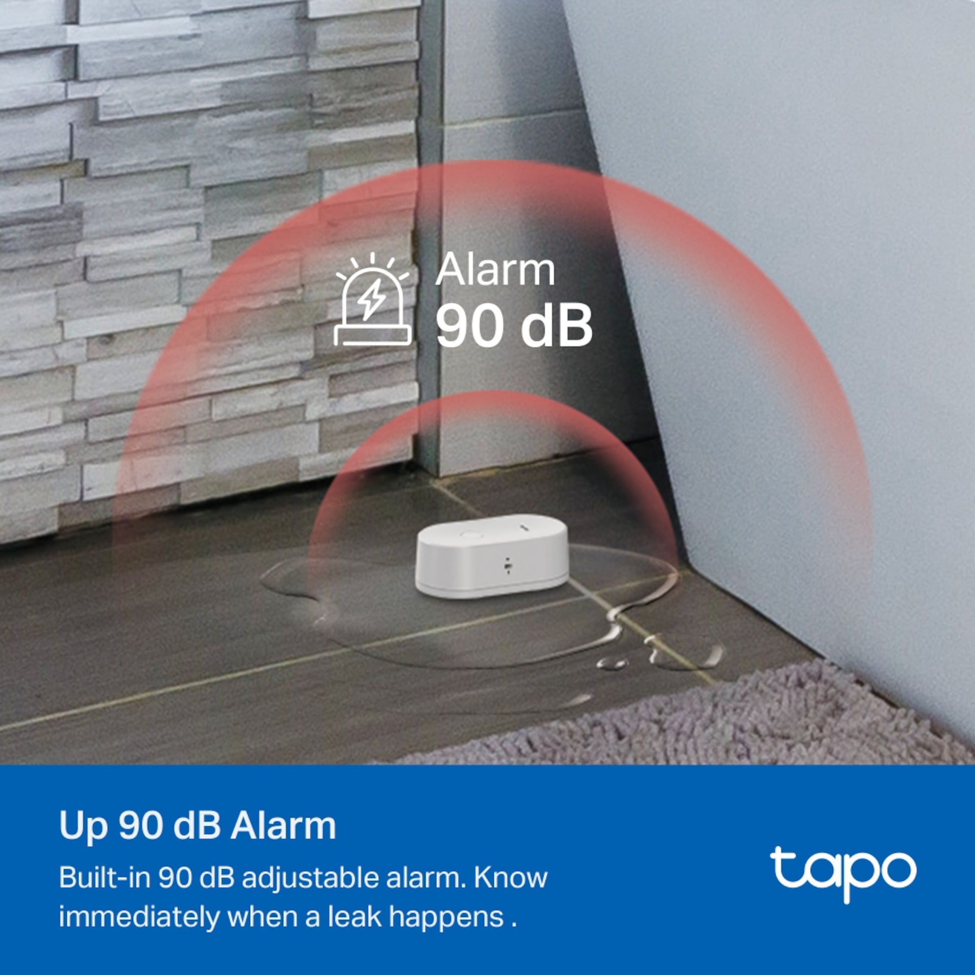 TP-Link Tapo T300 lækagedetektor med 90 dB alarm og røde lyssignaler ved registrering af vandlækage.