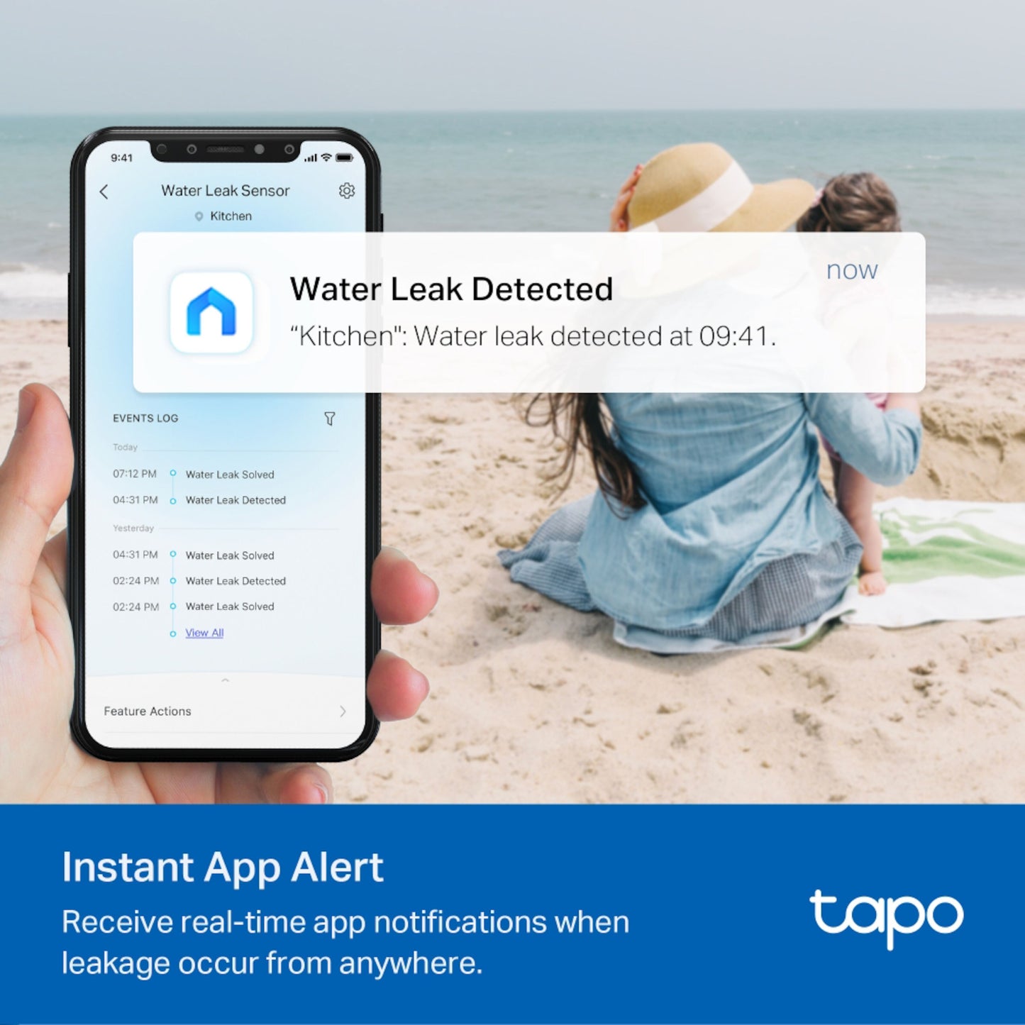 Tp-Link Tapo T300 lækagedetektor app-alarm for vandskade vist på smartphone, køkken, alarm registreret kl. 09:41.