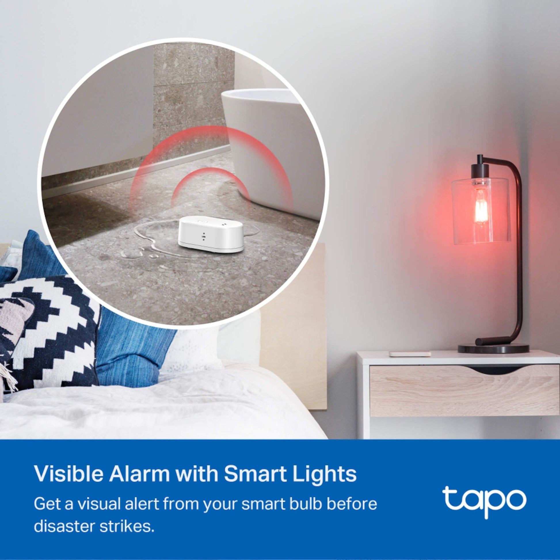 TP-Link Tapo T300 Lækagedetektor aktiverer visuel alarm via TP-Link smartpære, tekst: Synlig alarm med smart lys.