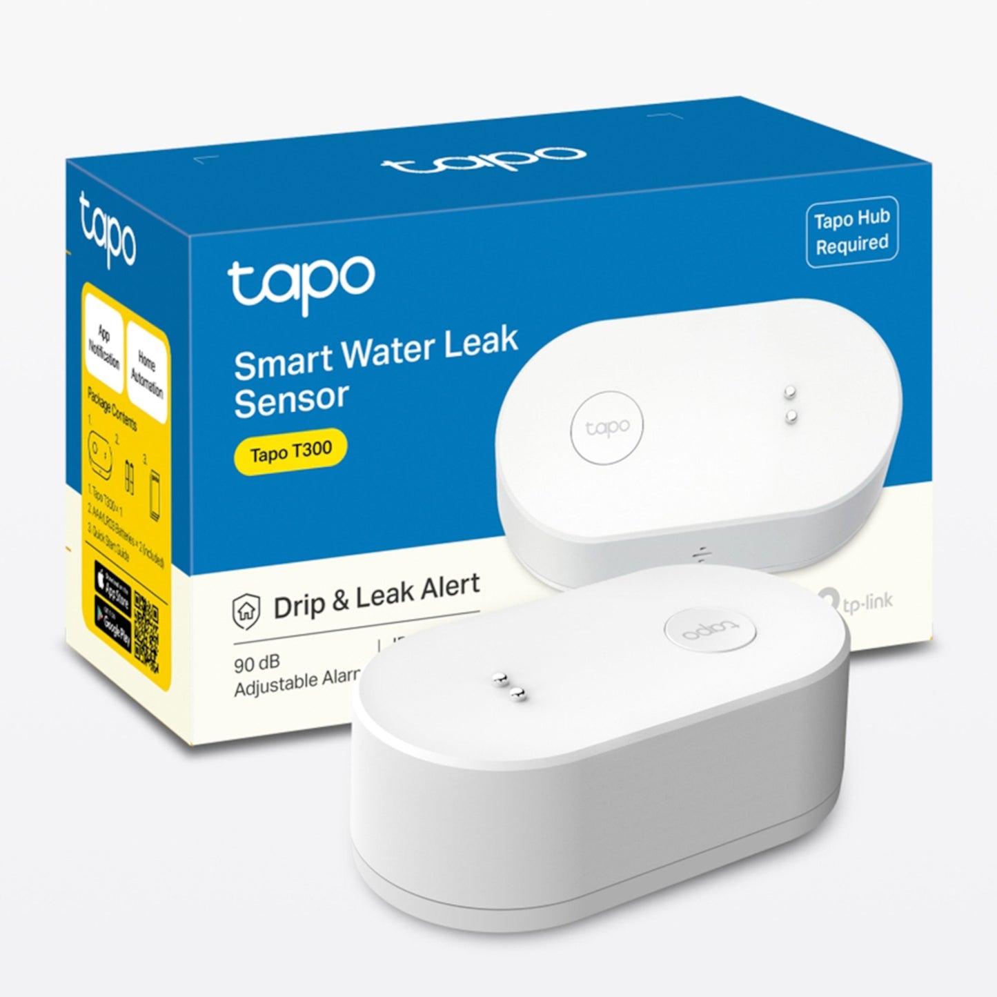 Tapo T300 lækagedetektor med to ovale sensorer, blåt/gult design, Drip  Leak Alert, 90dB justerbar alarm, kræver Tapo Hub.
