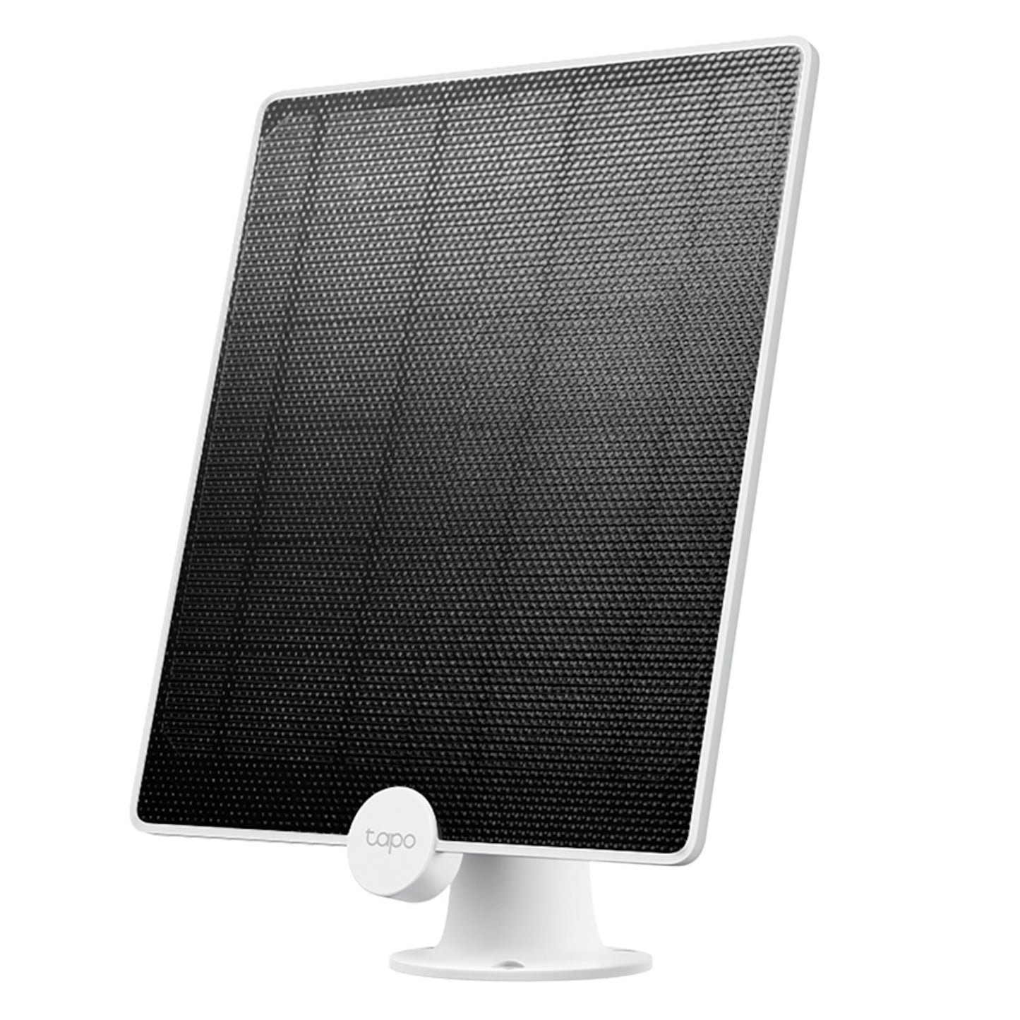 Tapo A200 solcellepanel til overvågningskamera, sort og hvid rektangulær med tapo-logo nederst og rund hvid stander.