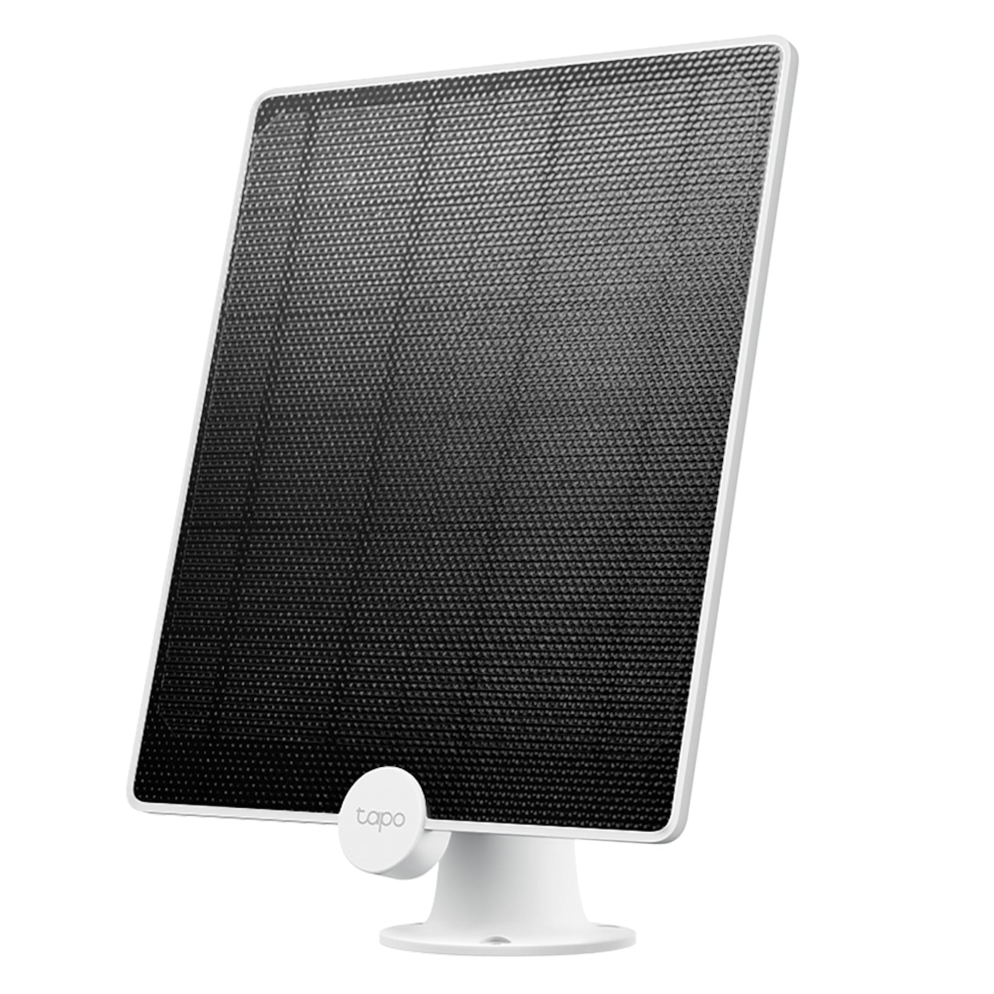Tapo A200 solcellepanel til overvågningskamera, sort og hvid rektangulær med tapo-logo nederst og rund hvid stander.