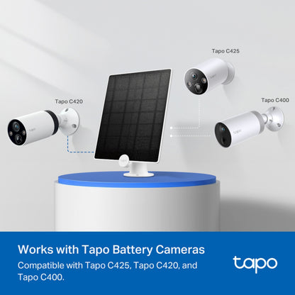 Tapo A200 solcellepanel til overvågningskamera og Tapo kameraer C425, C420, C400 vises med kompatibilitetstekst.
