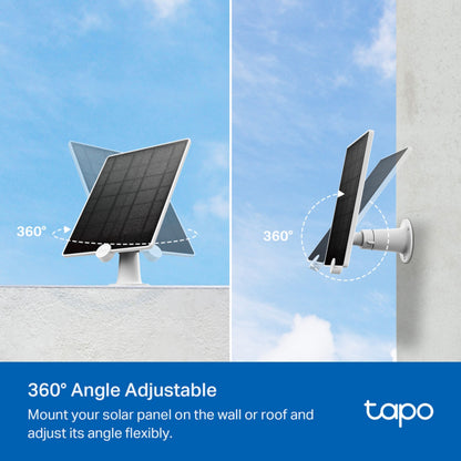 TP-Link Tapo A200 solcellepanel til kamera, væg- eller tagmontering, 360° vinkeljustering, tekst: 360° vinkeljusterbar.