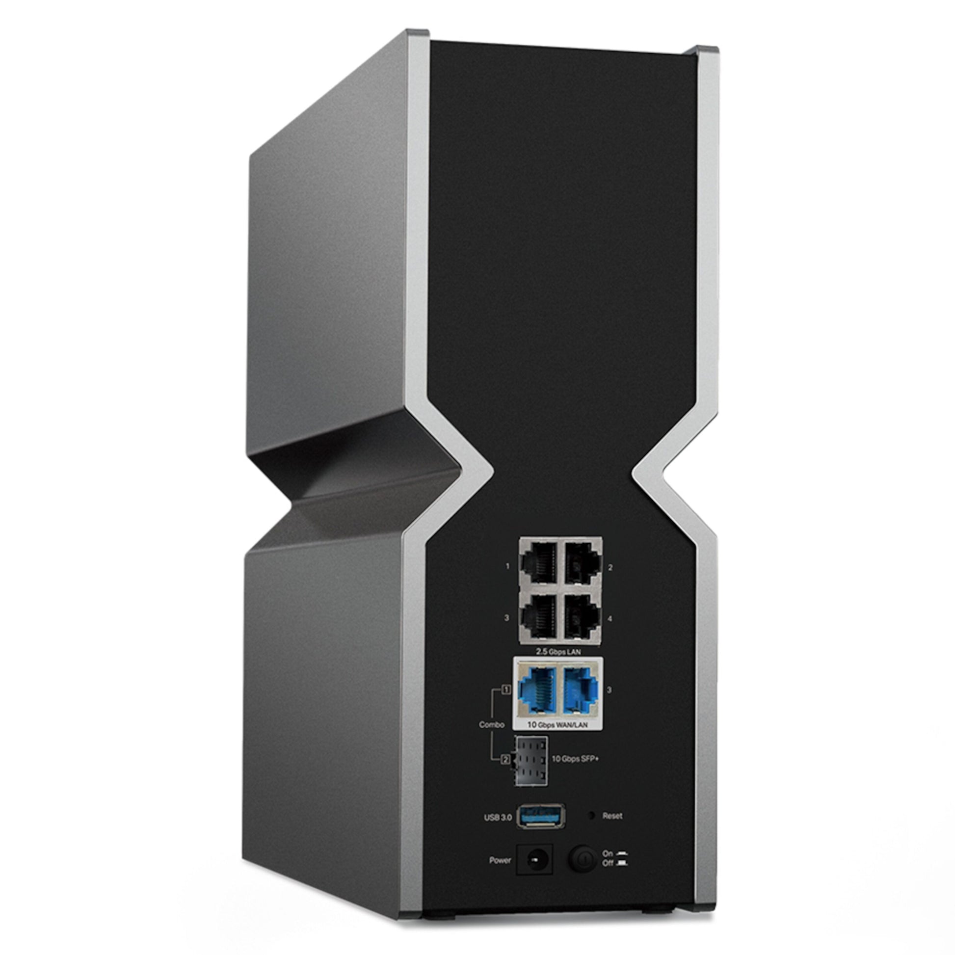 TP-Link Archer BE800 Wifi 6 BE19000 router bagfra med Ethernet-porte, SFP+ porte, USB 3.0, tænd/sluk og reset-knap.