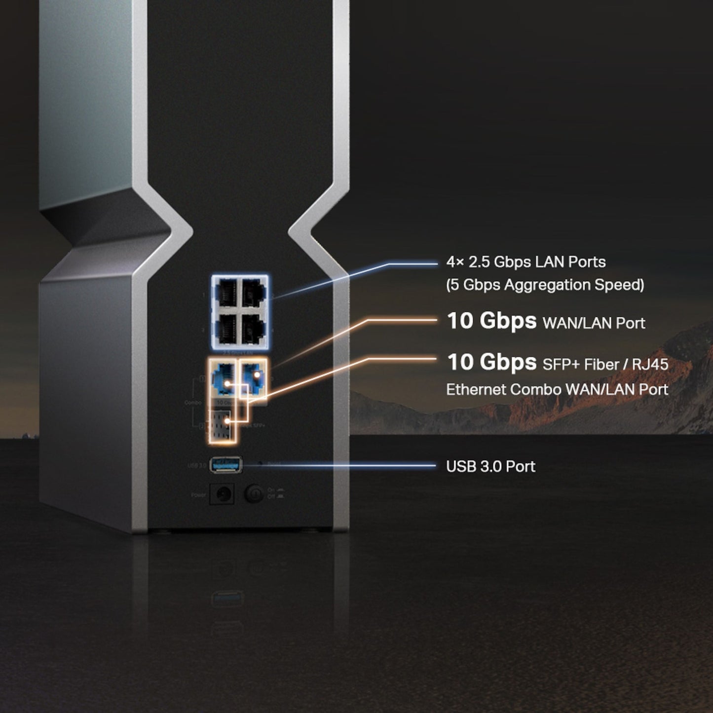 TP-Link Archer BE800 Wifi 6 BE19000 router med 4x 2.5Gbps LAN, 10Gbps WAN/LAN, SFP+ comboport og USB 3.0 bagpå.